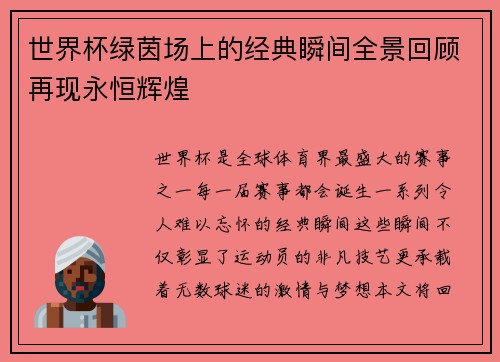世界杯绿茵场上的经典瞬间全景回顾再现永恒辉煌