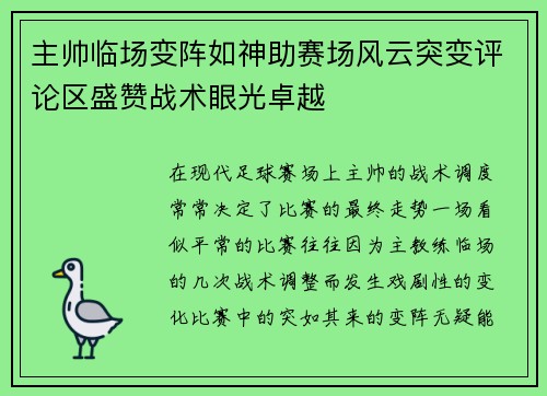 主帅临场变阵如神助赛场风云突变评论区盛赞战术眼光卓越